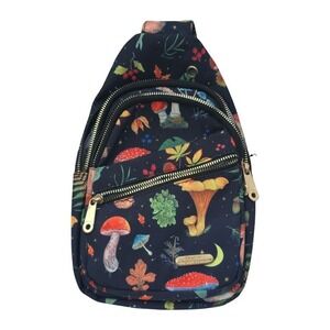 Mushroom Print Crossbody Bag Jingpin‎ Nylon Black Adjustable Strap Zipper